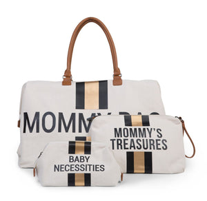 SAC MOMMY BAG - Blanc avec bandes noires et dorée, anses camel